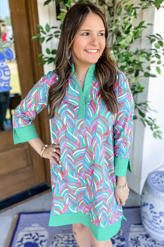 Green Abstract Print Split Neck Bracelet Sleeve Shift Dress Mini Dresses JT's Designer Fashion