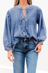 Myosotis Denim Front Pintuck Bow Tie Puff Sleeve Top Blouses & Shirts JT's Designer Fashion