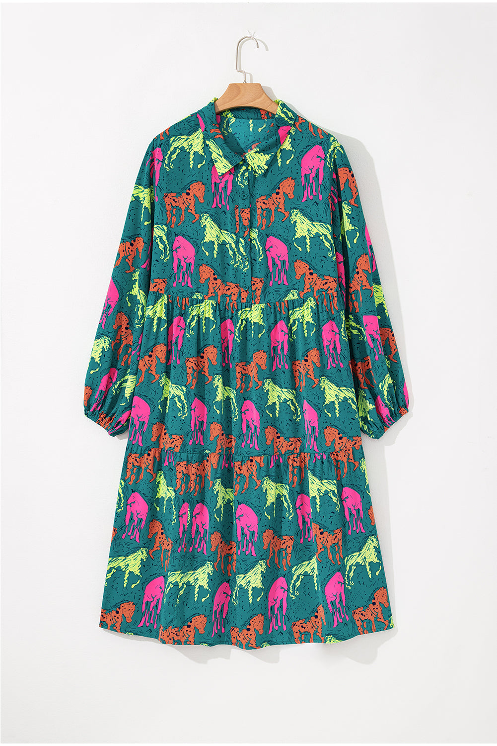 Green Horse Printed Long Sleeve Collared Buttoned Plus Size Midi Dress Plus Size Midi Dresses JT's Designer Fashion