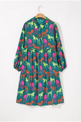 Green Horse Printed Long Sleeve Collared Buttoned Plus Size Midi Dress Plus Size Midi Dresses JT's Designer Fashion