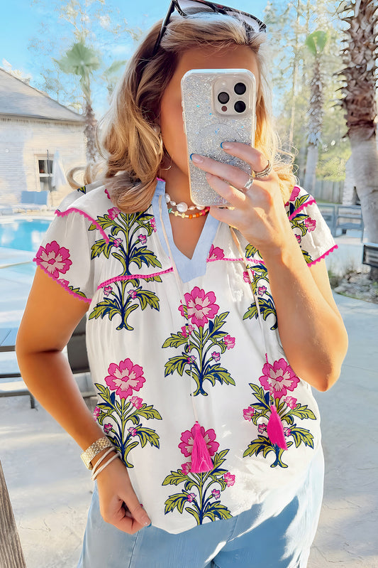 Rose Vintage Floral Print Contrast Notched V Neck Plus Size Summer Blouse Plus Size Blouses & Shirts JT's Designer Fashion