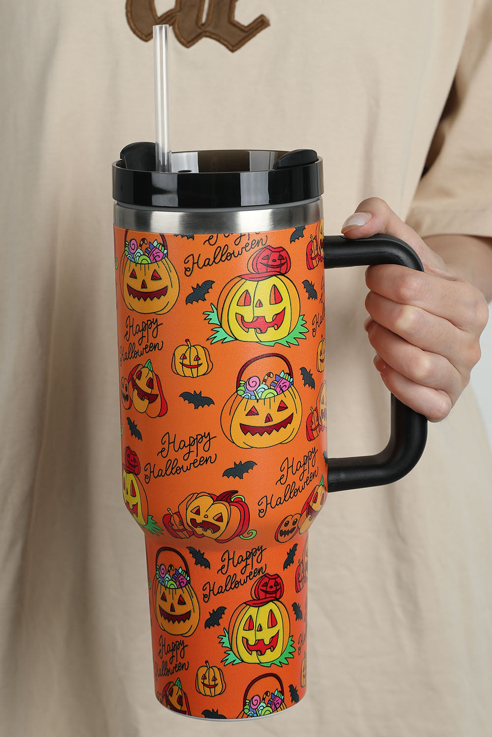 Orange Halloween Pumpkin Print Handle Large Tumbler 40oz Tumblers JT's Designer Fashion