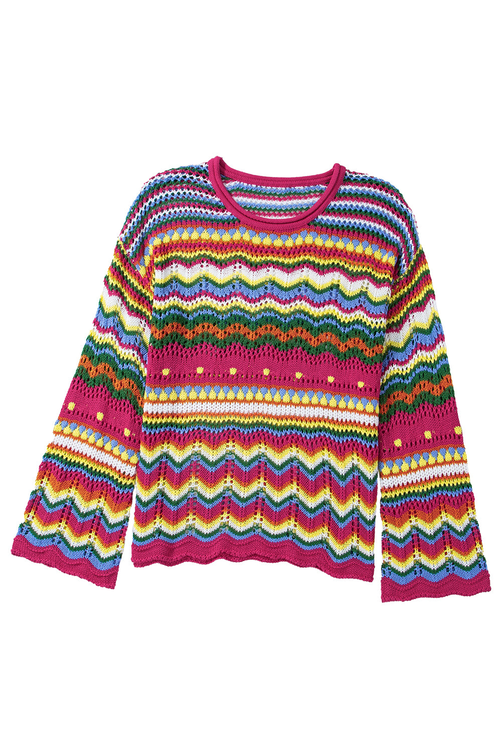 Rose Red Colorblock Striped Hollowed Knit Loose Sleeve Sweater Sweaters JT's Designer Fashion