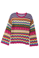 Rose Red Colorblock Striped Hollowed Knit Loose Sleeve Sweater Sweaters JT's Designer Fashion