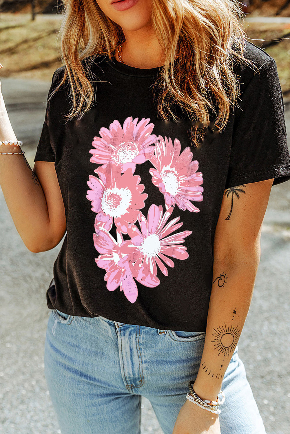 Black Pink Daisy Flower Printed Cotton Blend T Shirt Graphic Tees JT's Designer Fashion
