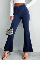 Dusk Blue Solid Crossed Waist High Elastic Fit Flare Knit Jeans Dusk Blue 47%Polyester+42%Cotton+11%Elastane Jeans JT's Designer Fashion