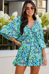 Green Abstract Print Puff Sleeve V Neck High Waist Romper Jumpsuits & Rompers JT's Designer Fashion