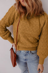 Jurassic Gold Hollow Out Crochet Ribbed Edge Balloon Sleeve Sweater Sweaters JT's Designer Fashion