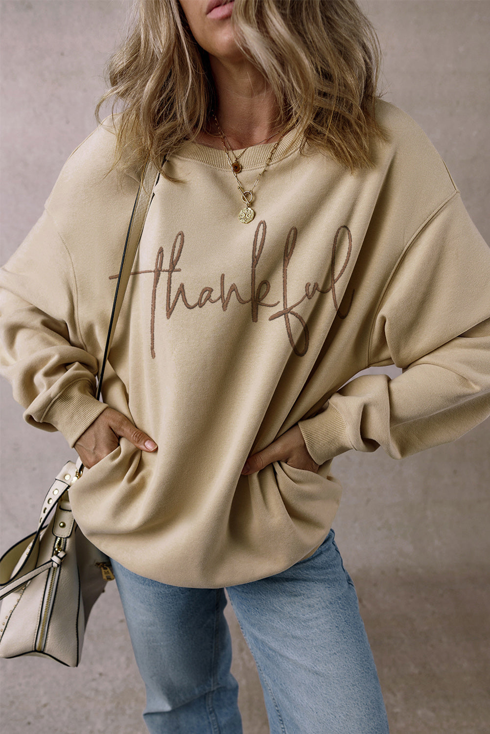 Parchment thankful Embroidered Drop Shoulder Pullover Sweatshirt Graphic Sweatshirts JT's Designer Fashion