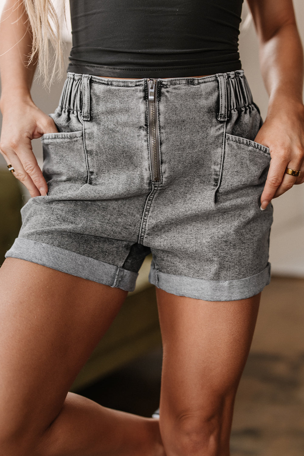 Gray Zipped Light Wash Cuffed Edge Denim Shorts Denim Shorts JT's Designer Fashion
