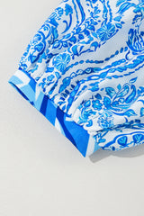 Sky Blue Bohemian Print Puff Sleeve Tied V Neck Flared Mini Dress Mini Dresses JT's Designer Fashion