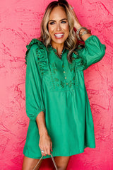 Bright Green Embroidered Ruffled Trim 3/4 Sleeve V Neck Mini Dress Mini Dresses JT's Designer Fashion