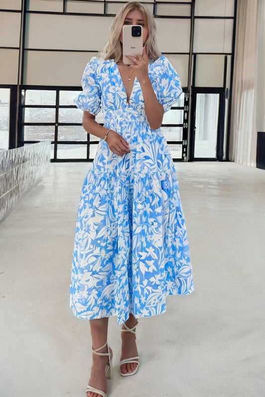 Sky Blue Floral V Neck Puff Short Sleeve Flowy Long Dress Maxi Dresses JT's Designer Fashion