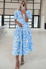 Sky Blue Floral V Neck Puff Short Sleeve Flowy Long Dress Maxi Dresses JT's Designer Fashion