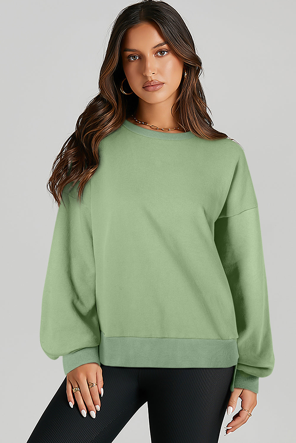 Smoke Green Solid O Neck High Low Hem Pullover Sweatshirt Sweatshirts & Hoodies JT's Designer Fashion