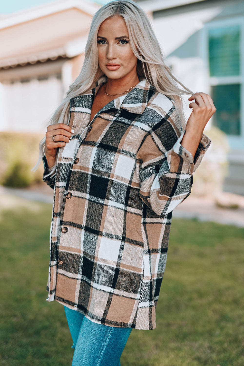 Plaid Print Buttoned Shirt Jacket Plaid Shackets JT's Designer Fashion