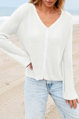 White Lightweight V Neck Button Front Bell Sleeve Cardigan Sweater Cardigans JT's Designer Fashion