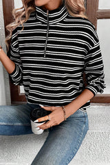 Black Stripe Textured Quarter Zip Collar Long Sleeve Top Long Sleeve Tops JT's Designer Fashion