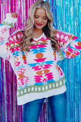 White Oversize Aztec Print High Low V Neck Sweater Sweaters JT's Designer Fashion
