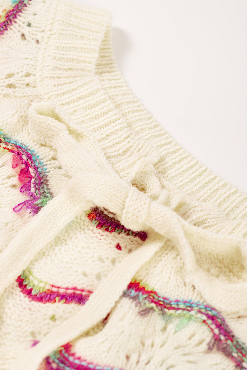 White Wavy Striped Pointelle Bishop Sleeve Sweater Sweaters & Cardigans JT's Designer Fashion