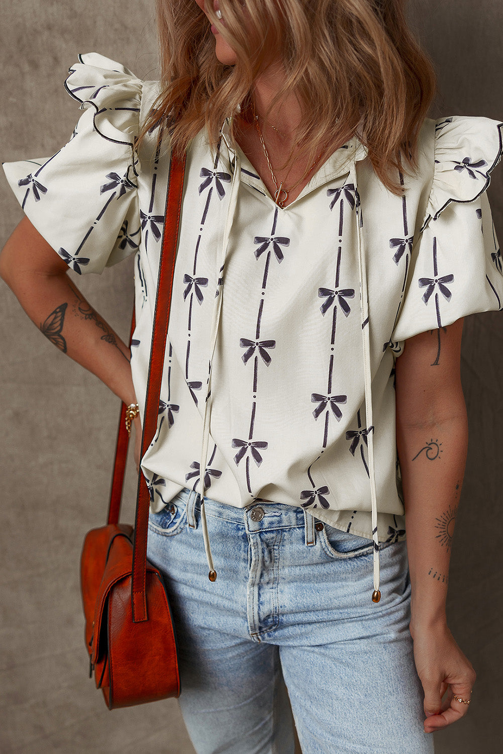 Beige Bow Printed Ruffled Bubble Sleeve Tied Notched V Neck Blouse Blouses & Shirts JT's Designer Fashion