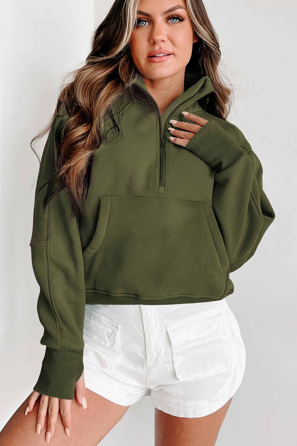 Moss Green Quarter Zip Stand Neck Kangaroo Pocket Sweatshirt Sweatshirts & Hoodies JT's Designer Fashion