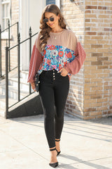 Printed Floral Contrast Colorblock Ribbed Top Long Sleeve Tops JT's Designer Fashion
