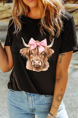 Black Bow Cow Head Graphic Western Fashion T Shirt Graphic Tees JT's Designer Fashion
