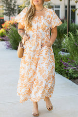 Apricot Floral Print Puff Short Sleeve Resort Plus Size Maxi Dress Plus Size Maxi Dresses JT's Designer Fashion
