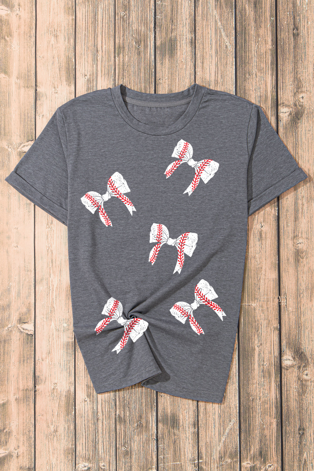 Gray Rugby Bow Knot Print Crewneck Casual T Shirt Graphic Tees JT's Designer Fashion