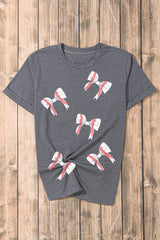 Gray Rugby Bow Knot Print Crewneck Casual T Shirt Graphic Tees JT's Designer Fashion