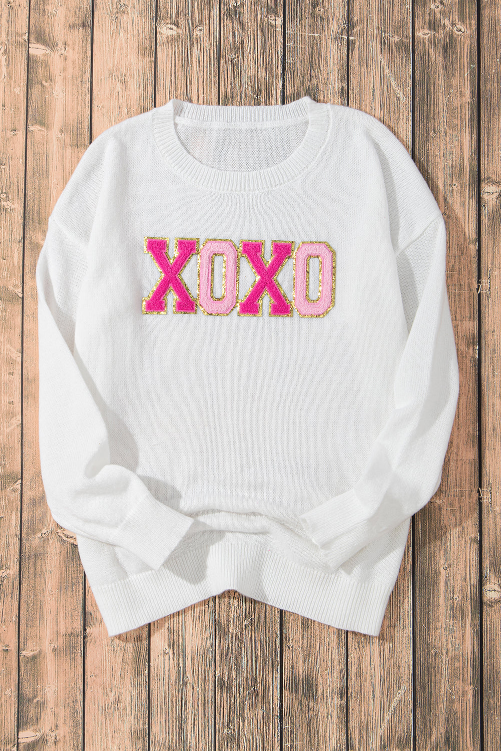 White XOXO Glitter Print Round Neck Casual Sweater Sweaters JT's Designer Fashion