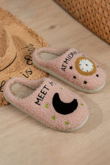 Light Pink Moon & Clock Pattern Fuzzy Home Slippers Slippers JT's Designer Fashion
