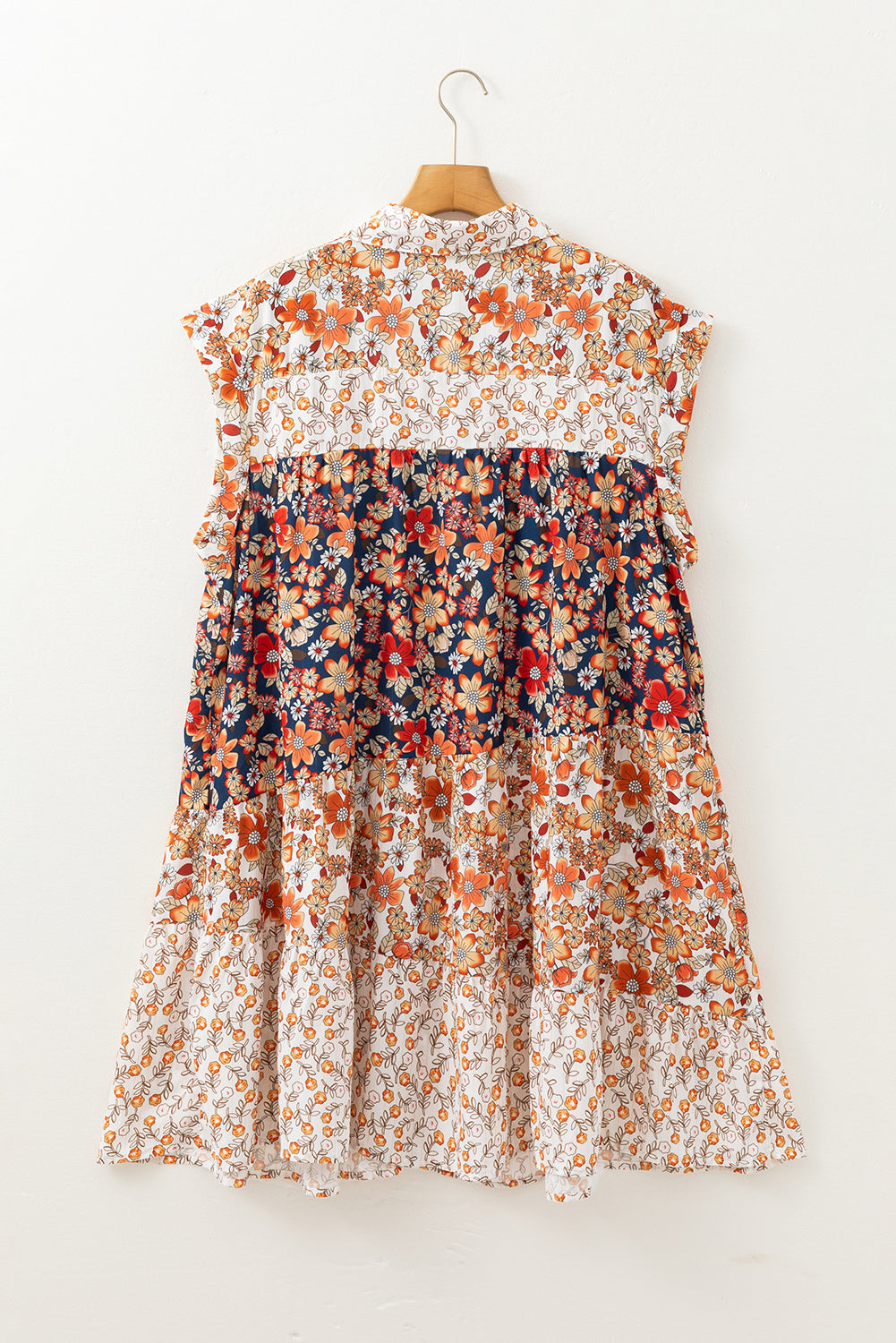 Beige Plus Size Floral Patchwork Button Front Collared Mini Dress Plus Size Mini Dresses JT's Designer Fashion