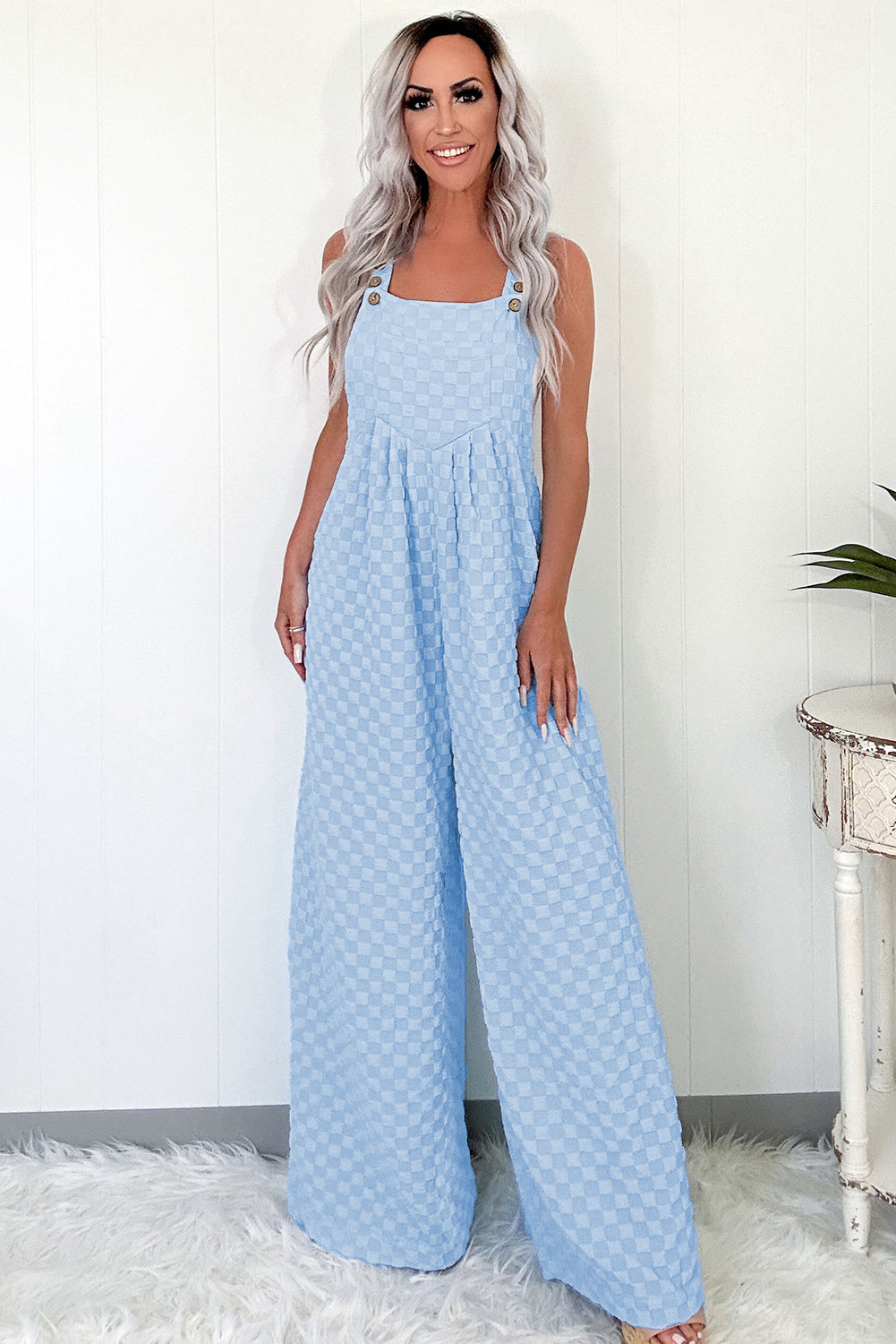 Beau Blue Checkered Pocketed High Waist Wide Leg Overall Jumpsuits & Rompers JT's Designer Fashion