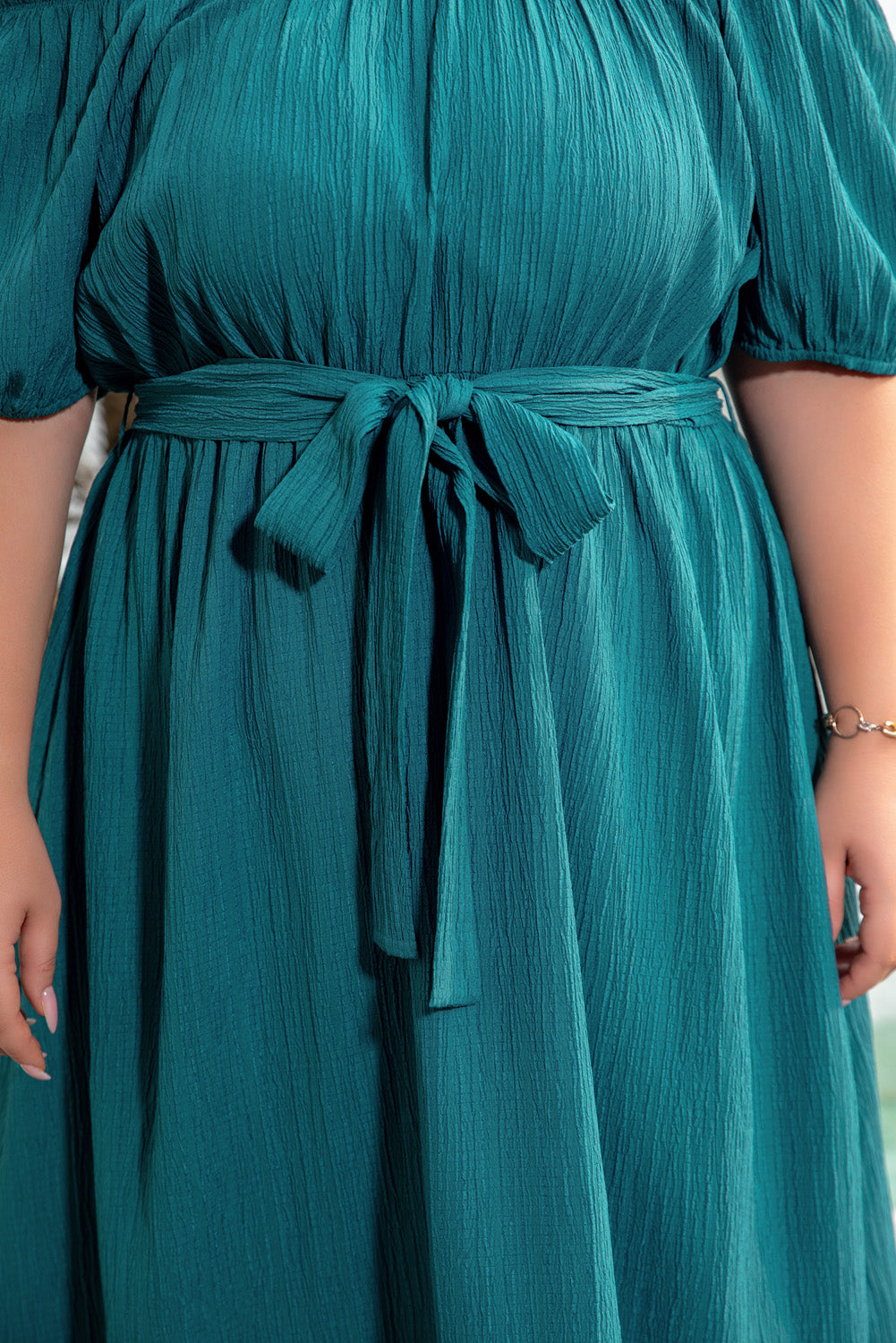 Skobeloff Frilled U Neck Puff Sleeve Belted Ruffle Hem Plus Size Midi Dress Plus Size Mini Dresses JT's Designer Fashion