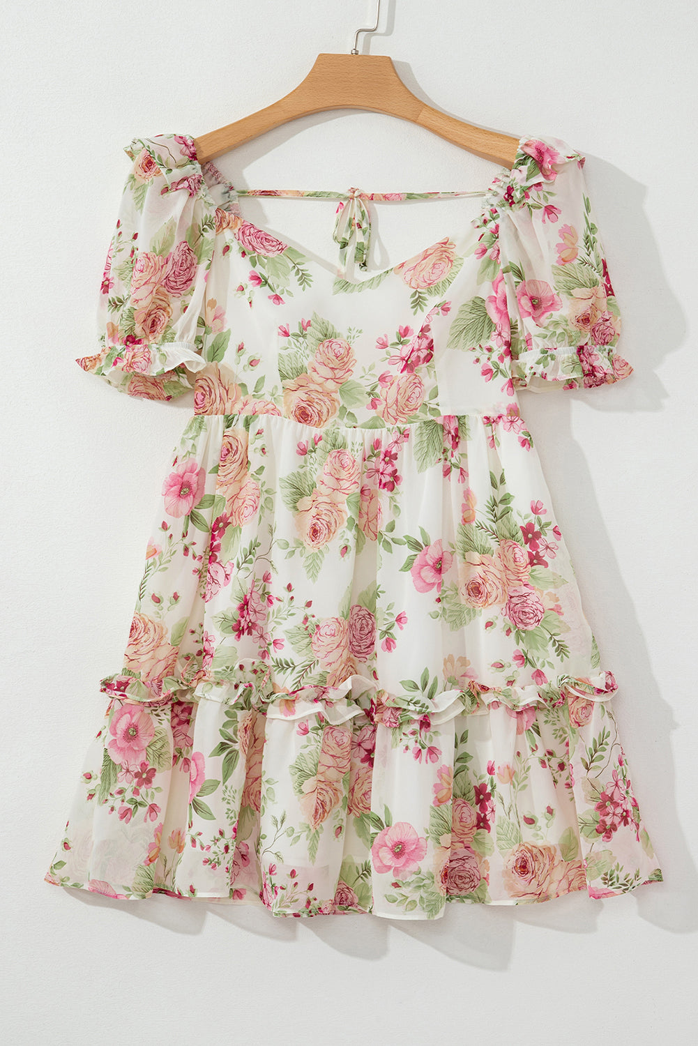 White Vibrant Floral Bubble Sleeve Sweetheart Neck Ruffle Mini Dress Floral Dresses JT's Designer Fashion
