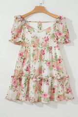 White Vibrant Floral Bubble Sleeve Sweetheart Neck Ruffle Mini Dress Floral Dresses JT's Designer Fashion