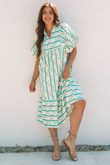 Multicolour Striped Floral Print Tie Split Neck Puff Sleeve Midi Dress Floral Dresses JT's Designer Fashion