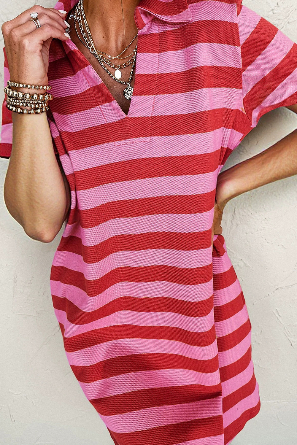 Red Stripe Textured Knit Collared V Neck Shift T Shirt Dress T Shirt Dresses JT's Designer Fashion