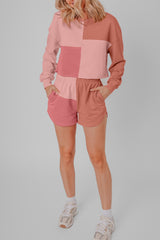 Peach Blossom Colorblock Patchwork Long Sleeve Shorts Outfit Short Sets JT's Designer Fashion