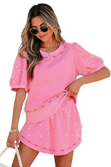 Pink Contrast Bow Trim Pearl Puff Sleeve Blouse and Skort 2pcs Set Short Sets JT's Designer Fashion