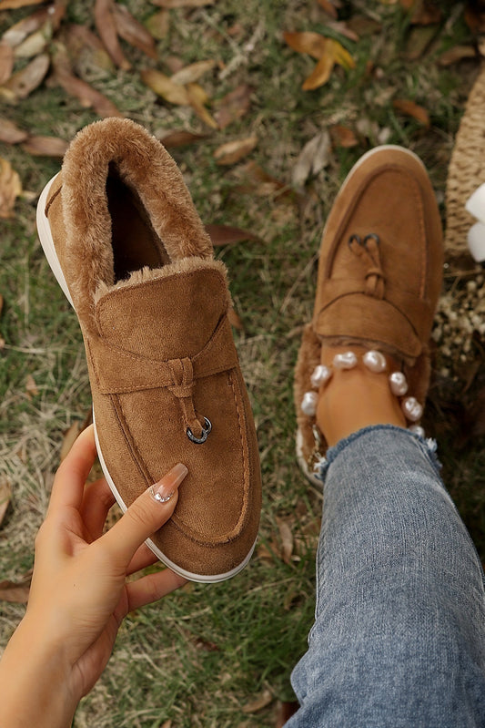Chestnut Suede Furry Lined Slip on Flat Shoes Women's Shoes JT's Designer Fashion