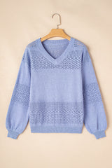 Sky Blue Eyelet Pattern Detail V Neck Drop Shoulder Sweater Sweaters JT's Designer Fashion