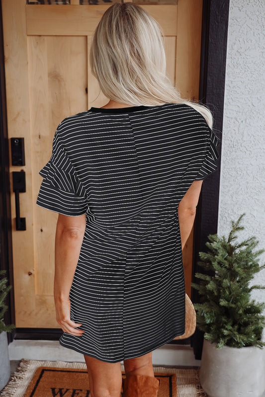 Black Stripe Ruffled Short Sleeve Crew Neck T Shirt Shift Mini Dress T Shirt Dresses JT's Designer Fashion