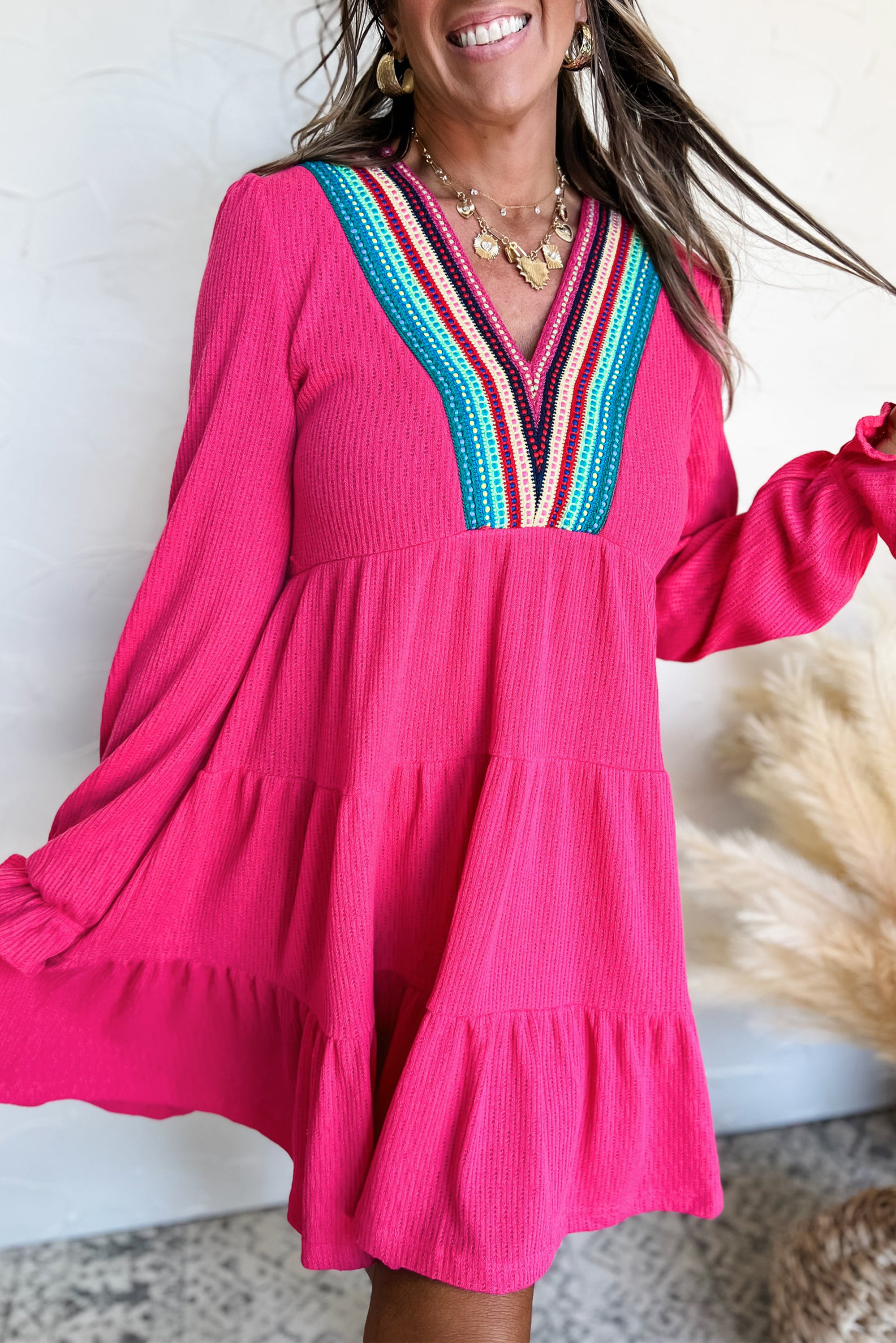 Rose Red Colorful Crochet V Neck Textured Tiered Ruffled Long Sleeve Mini Dress Mini Dresses JT's Designer Fashion