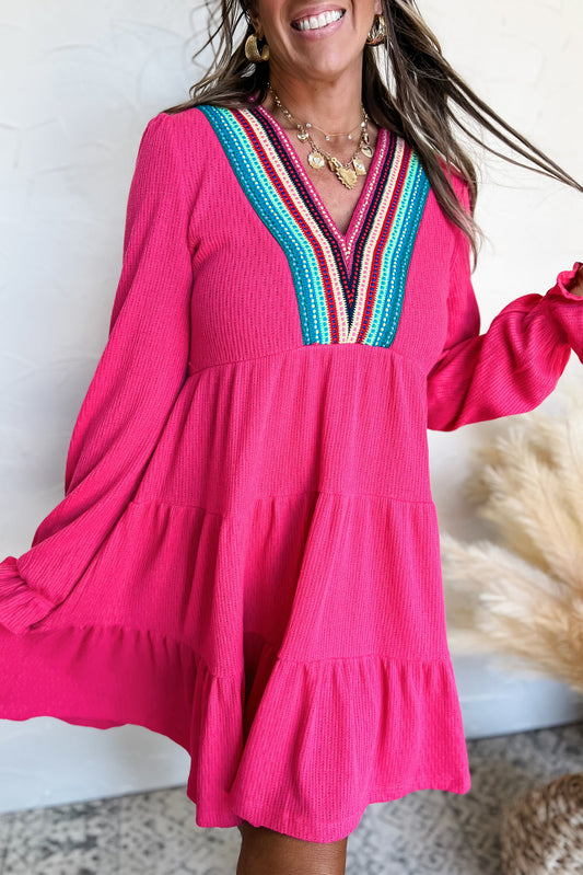 Rose Red Colorful Crochet V Neck Textured Tiered Ruffled Long Sleeve Mini Dress Mini Dresses JT's Designer Fashion