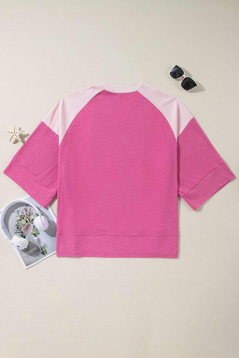 Bright Pink Textured Colorblock 3/4 Sleeve Oversize Top Long Sleeve Tops JT's Designer Fashion