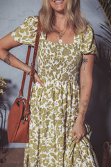 Yellow Boho Floral Square Neck Smocked Bust Puff Sleeve Tiered Long Dress Floral Dresses JT's Designer Fashion