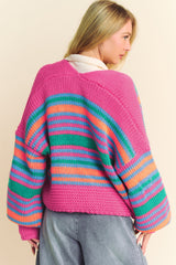 Rose Stripe Colorful Puff Sleeve Drop Shoulder Loose Cardigan Cardigans JT's Designer Fashion